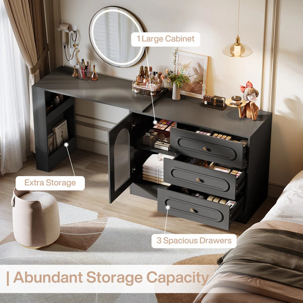 Ebern Designs Modern Makeup Vanity Desk with 3 Drawers & Cabinet, Corner Vanity with Shelf & Acrylic Door (Without Mirror)  Wooden Bazar