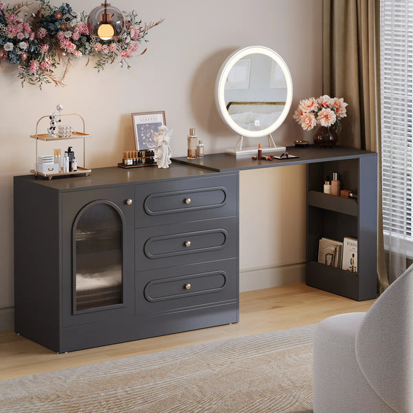 Ebern Designs Modern Makeup Vanity Desk with 3 Drawers & Cabinet, Corner Vanity with Shelf & Acrylic Door (Without Mirror)  Wooden Bazar