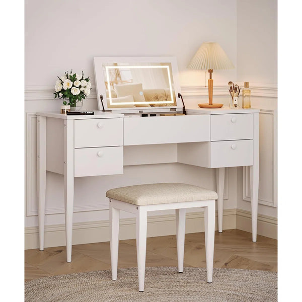 Makeup Vanity Desk,dressing Table With Light And Stool, Flip Cover And Mirror  Wooden Bazar
