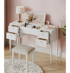 Makeup Vanity Desk,dressing Table With Light And Stool, Flip Cover And Mirror  Wooden Bazar
