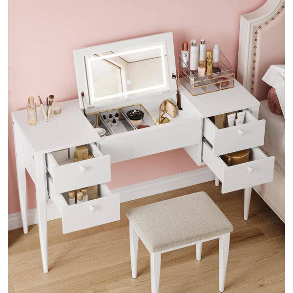 Makeup Vanity Desk,dressing Table With Light And Stool, Flip Cover And Mirror  Wooden Bazar