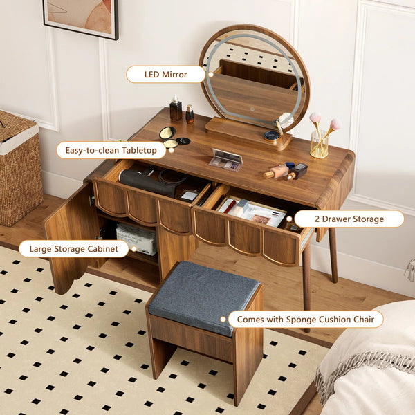 Makeup Vanity Set With Stool And Led Mirror  Wooden Bazar