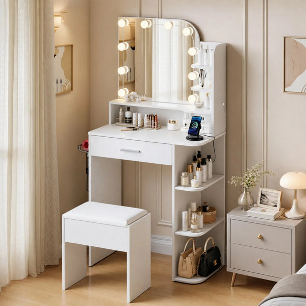 Makeup Vanity Set With Stool & Power Outlet And 3 Modes Adjustable Brightness Light  Wooden Bazar