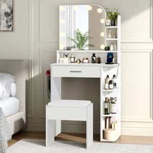 Makeup Vanity Set With Stool & Power Outlet And 3 Modes Adjustable Brightness Light  Wooden Bazar
