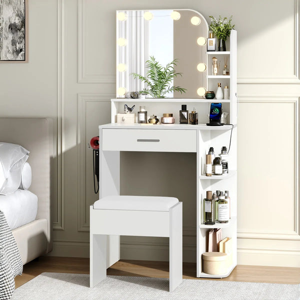Makeup Vanity Set With Stool & Power Outlet And 3 Modes Adjustable Brightness Light  Wooden Bazar