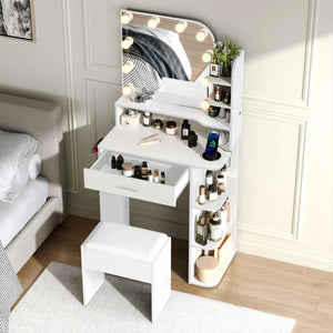 Makeup Vanity Set With Stool & Power Outlet And 3 Modes Adjustable Brightness Light  Wooden Bazar
