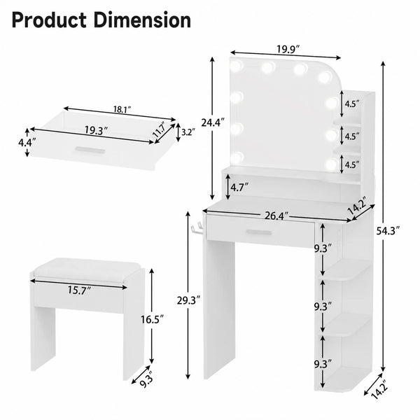 Makeup Vanity Set With Stool & Power Outlet And 3 Modes Adjustable Brightness Light  Wooden Bazar
