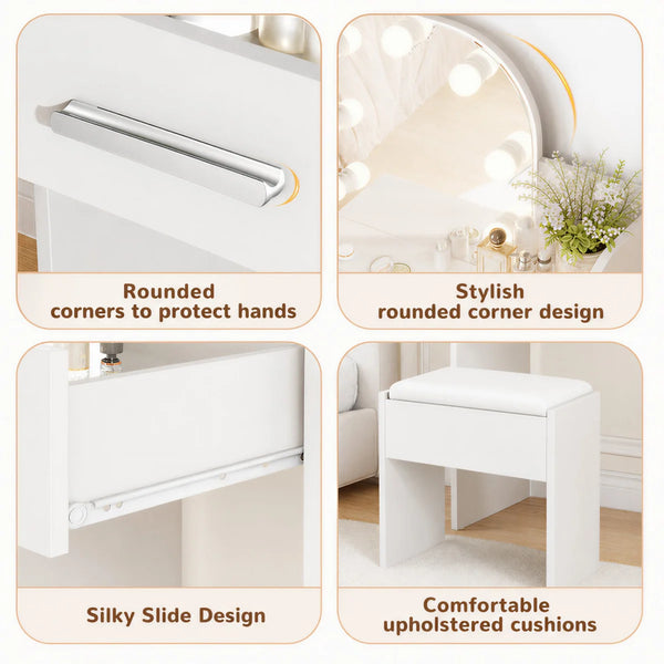 Makeup Vanity Set With Stool & Power Outlet And 3 Modes Adjustable Brightness Light  Wooden Bazar