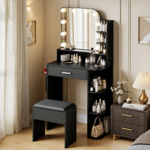 Makeup Vanity Set With Stool & Power Outlet And 3 Modes Adjustable Brightness Light  Wooden Bazar