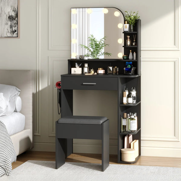 Makeup Vanity Set With Stool & Power Outlet And 3 Modes Adjustable Brightness Light  Wooden Bazar