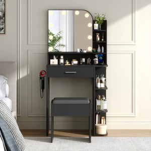 Makeup Vanity Set With Stool & Power Outlet And 3 Modes Adjustable Brightness Light  Wooden Bazar
