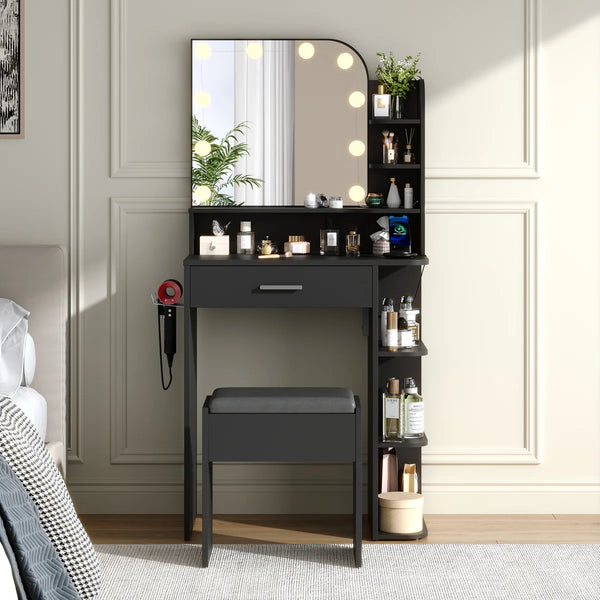 Makeup Vanity Set With Stool & Power Outlet And 3 Modes Adjustable Brightness Light  Wooden Bazar