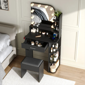 Makeup Vanity Set With Stool & Power Outlet And 3 Modes Adjustable Brightness Light  Wooden Bazar
