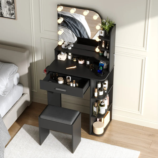 Makeup Vanity Set With Stool & Power Outlet And 3 Modes Adjustable Brightness Light  Wooden Bazar
