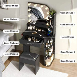 Makeup Vanity Set With Stool & Power Outlet And 3 Modes Adjustable Brightness Light  Wooden Bazar