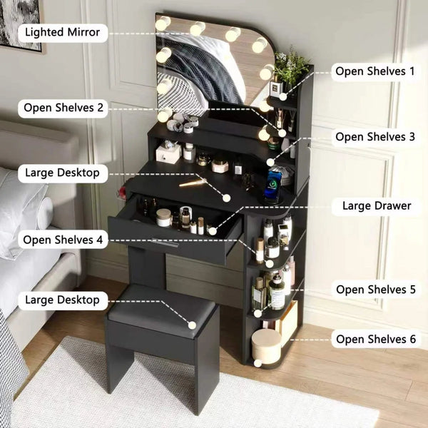 Makeup Vanity Set With Stool & Power Outlet And 3 Modes Adjustable Brightness Light  Wooden Bazar