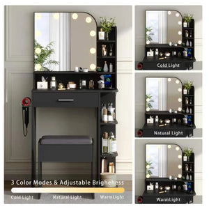 Makeup Vanity Set With Stool & Power Outlet And 3 Modes Adjustable Brightness Light  Wooden Bazar