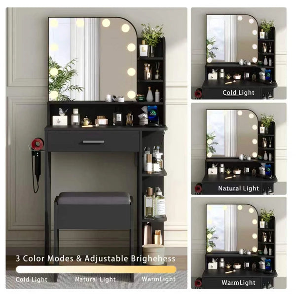 Makeup Vanity Set With Stool & Power Outlet And 3 Modes Adjustable Brightness Light  Wooden Bazar