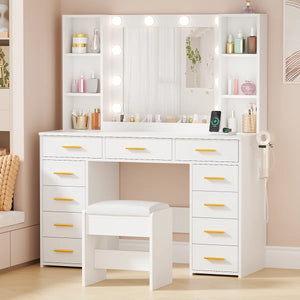 Makeup Vanity With Lights & 11 Drawers  Wooden Bazar