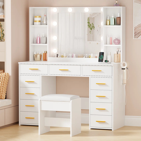 Makeup Vanity With Lights & 11 Drawers  Wooden Bazar