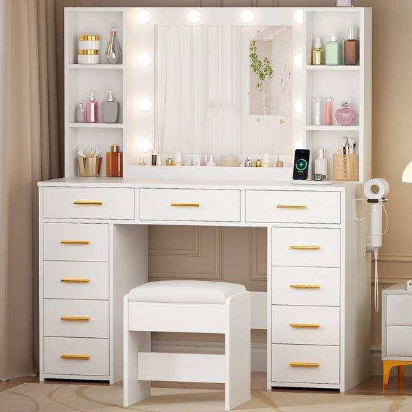 Makeup Vanity With Lights & 11 Drawers  Wooden Bazar