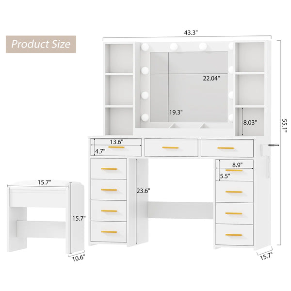 Makeup Vanity With Lights & 11 Drawers  Wooden Bazar