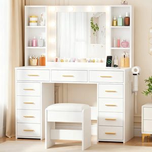 Makeup Vanity With Lights & 11 Drawers  Wooden Bazar
