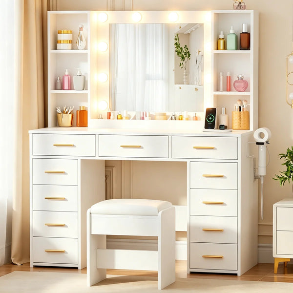 Makeup Vanity With Lights & 11 Drawers  Wooden Bazar