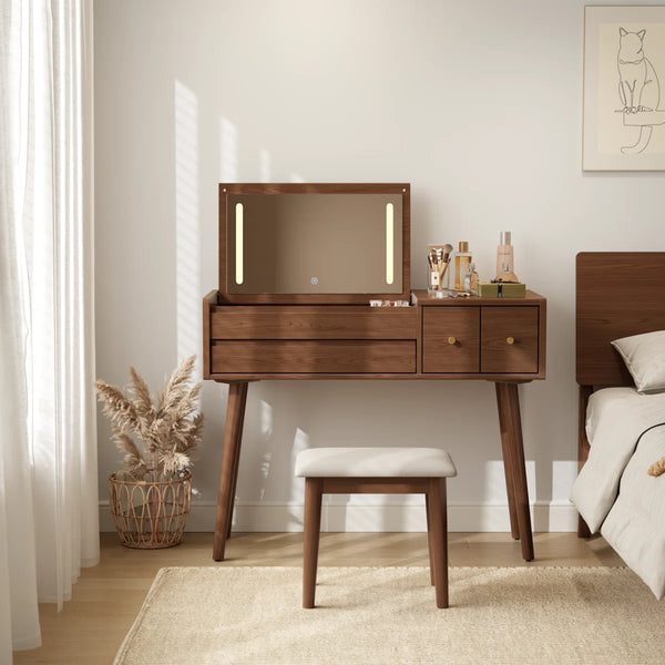 Makeup Vanity with Flip Top Mirror Lights & Drawers, 3 Lighting Modes Adjustable Brightness, Small Vanity Table for Bedroom Living Room  Wooden Bazar