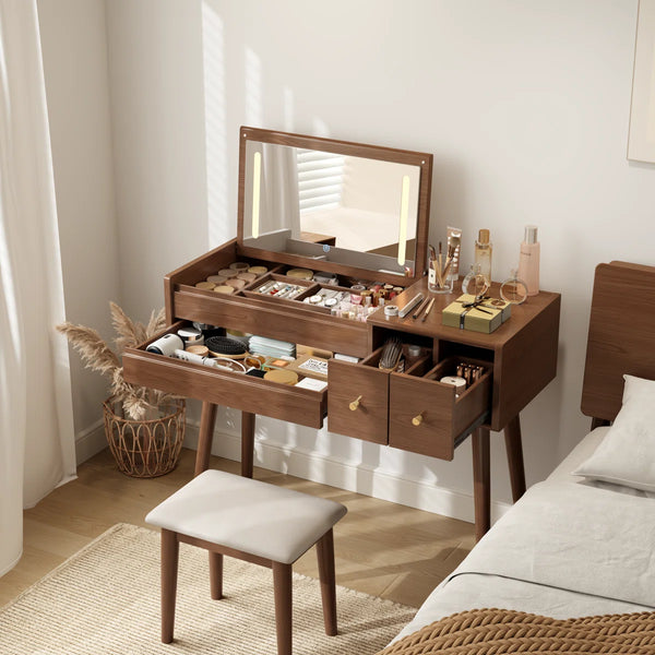 Kiree 4-Drawer Lighted Mirror Vanity Set with Stool  Wooden Bazar