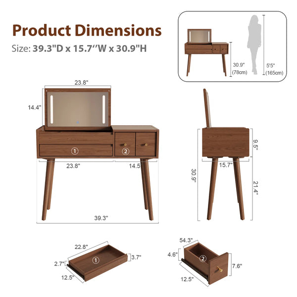 Kiree 4-Drawer Lighted Mirror Vanity Set with Stool  Wooden Bazar