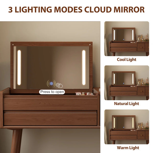 Makeup Vanity with Flip Top Mirror Lights & Drawers, 3 Lighting Modes Adjustable Brightness, Small Vanity Table for Bedroom Living Room  Wooden Bazar