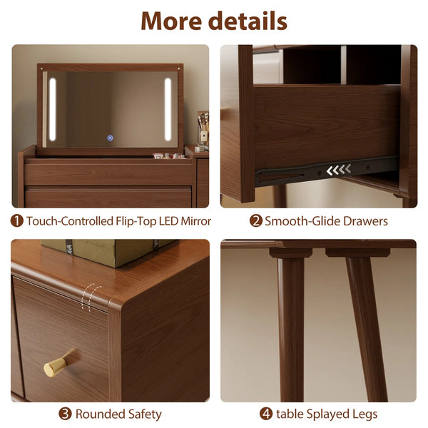 Makeup Vanity with Flip Top Mirror Lights & Drawers, 3 Lighting Modes Adjustable Brightness, Small Vanity Table for Bedroom Living Room  Wooden Bazar
