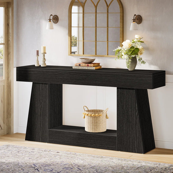 Narrow Manufactured Wood Console Table with Shelves  Wooden Bazar