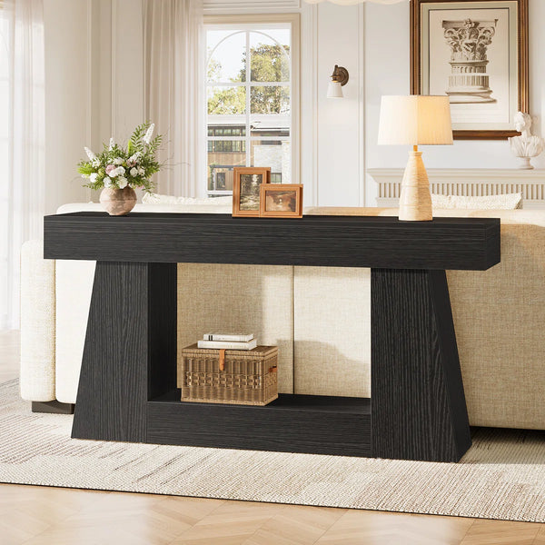 Narrow Manufactured Wood Console Table with Shelves  Wooden Bazar