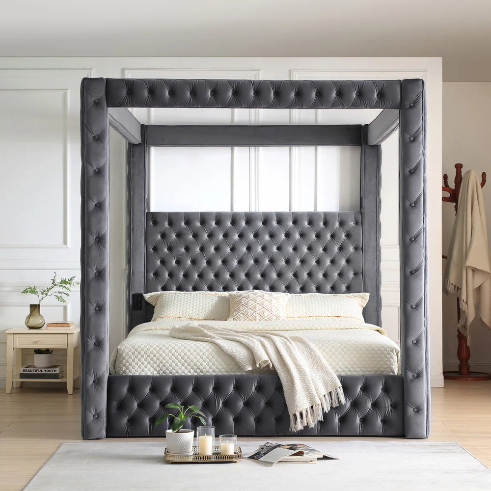 Luxurious Velvet Upholstered Canopy Bed - Wooden bazar