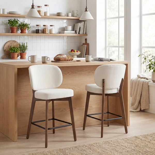 Mid-Century Modern Counter Stool, Fabric Upholstered Barstool with Wingback, Armless Counter Height Bar Stool With Wood Legs, Metal Footrest, For Kitchen Island Bar Counter, Navy, Set of 2  Wooden Bazar
