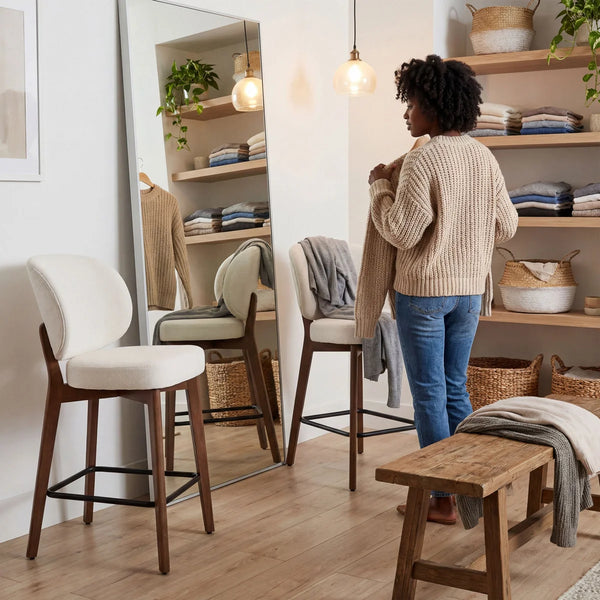 Mid-Century Modern Counter Stool, Fabric Upholstered Barstool with Wingback, Armless Counter Height Bar Stool With Wood Legs, Metal Footrest, For Kitchen Island Bar Counter, Navy, Set of 2  Wooden Bazar
