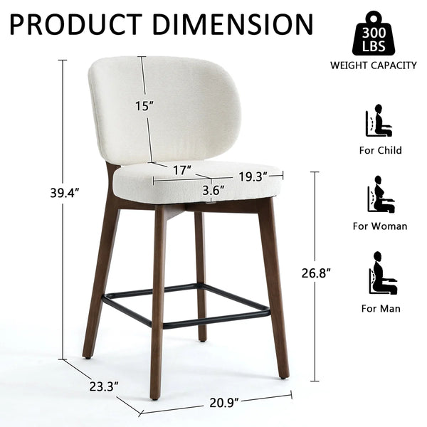 Mid-Century Modern Counter Stool, Fabric Upholstered Barstool with Wingback, Armless Counter Height Bar Stool With Wood Legs, Metal Footrest, For Kitchen Island Bar Counter, Navy, Set of 2  Wooden Bazar