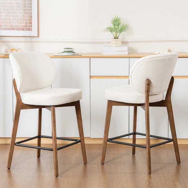 Mid-Century Modern Counter Stool, Fabric Upholstered Barstool with Wingback, Armless Counter Height Bar Stool With Wood Legs, Metal Footrest, For Kitchen Island Bar Counter, Navy, Set of 2  Wooden Bazar