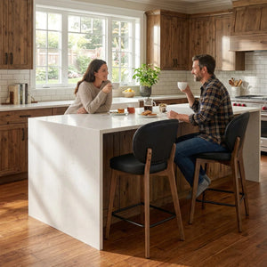 Mid-Century Modern Counter Stool, Fabric Upholstered Barstool with Wingback, Armless Counter Height Bar Stool With Wood Legs, Metal Footrest, For Kitchen Island Bar Counter, Navy, Set of 2  Wooden Bazar