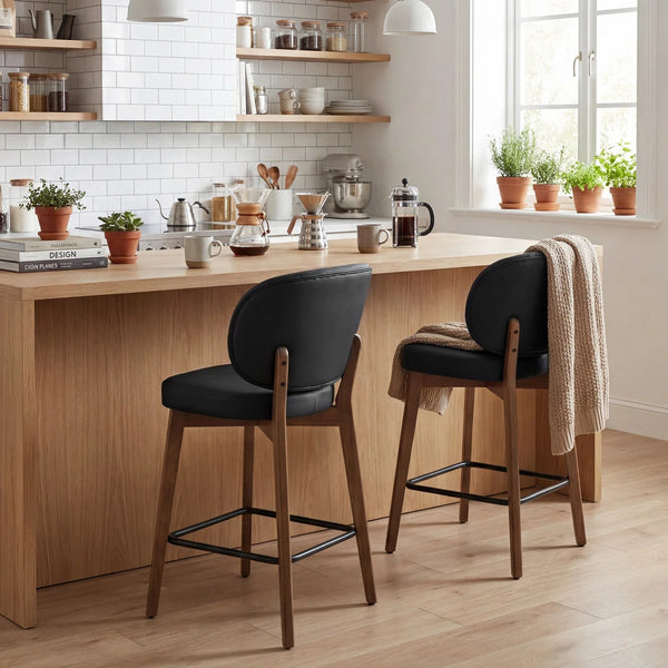 Mid-Century Modern Counter Stool, Fabric Upholstered Barstool with Wingback, Armless Counter Height Bar Stool With Wood Legs, Metal Footrest, For Kitchen Island Bar Counter, Navy, Set of 2  Wooden Bazar