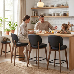 Mid-Century Modern Counter Stool, Fabric Upholstered Barstool with Wingback, Armless Counter Height Bar Stool With Wood Legs, Metal Footrest, For Kitchen Island Bar Counter, Navy, Set of 2  Wooden Bazar
