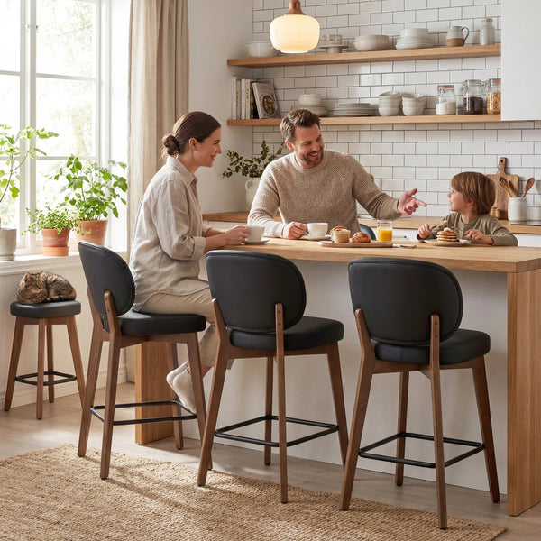 Mid-Century Modern Counter Stool, Fabric Upholstered Barstool with Wingback, Armless Counter Height Bar Stool With Wood Legs, Metal Footrest, For Kitchen Island Bar Counter, Navy, Set of 2  Wooden Bazar