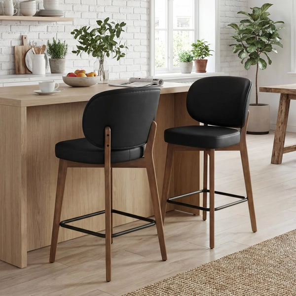 Mid-Century Modern Counter Stool, Fabric Upholstered Barstool with Wingback, Armless Counter Height Bar Stool With Wood Legs, Metal Footrest, For Kitchen Island Bar Counter, Navy, Set of 2  Wooden Bazar