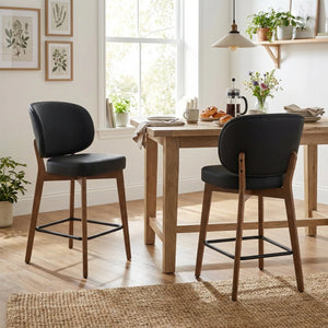 Mid-Century Modern Counter Stool, Fabric Upholstered Barstool with Wingback, Armless Counter Height Bar Stool With Wood Legs, Metal Footrest, For Kitchen Island Bar Counter, Navy, Set of 2  Wooden Bazar
