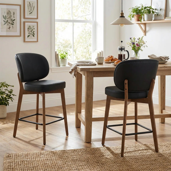 Mid-Century Modern Counter Stool, Fabric Upholstered Barstool with Wingback, Armless Counter Height Bar Stool With Wood Legs, Metal Footrest, For Kitchen Island Bar Counter, Navy, Set of 2  Wooden Bazar