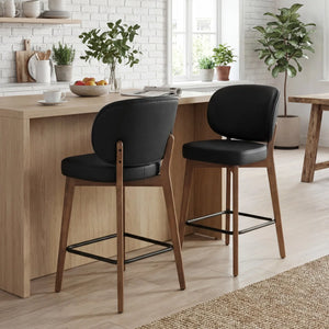 Mid-Century Modern Counter Stool, Fabric Upholstered Barstool with Wingback, Armless Counter Height Bar Stool With Wood Legs, Metal Footrest, For Kitchen Island Bar Counter, Navy, Set of 2  Wooden Bazar