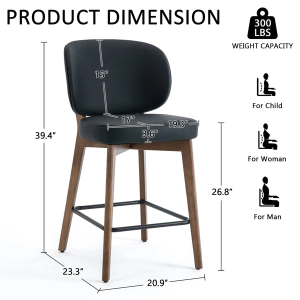 Mid-Century Modern Counter Stool, Fabric Upholstered Barstool with Wingback, Armless Counter Height Bar Stool With Wood Legs, Metal Footrest, For Kitchen Island Bar Counter, Navy, Set of 2  Wooden Bazar