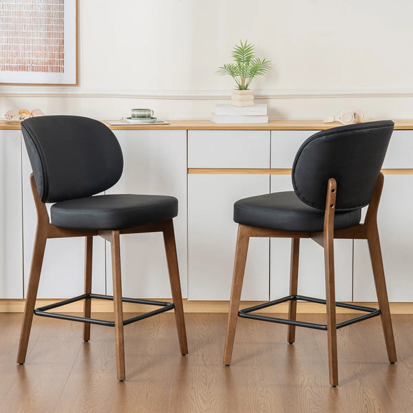 Mid-Century Modern Counter Stool, Fabric Upholstered Barstool with Wingback, Armless Counter Height Bar Stool With Wood Legs, Metal Footrest, For Kitchen Island Bar Counter, Navy, Set of 2  Wooden Bazar